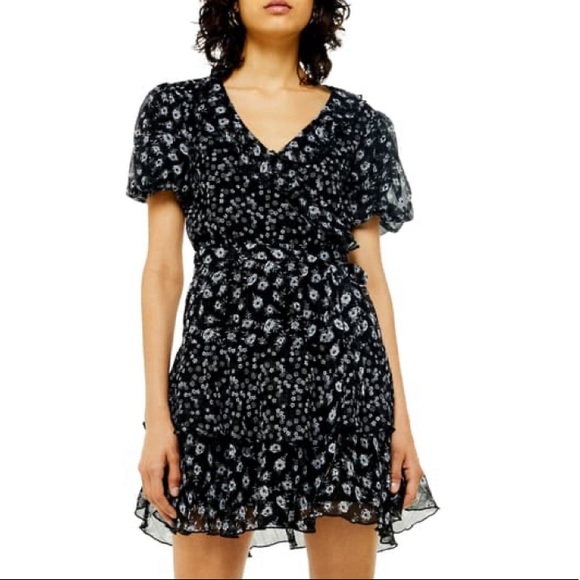 Topshop tiered floral print surplice black dress - Picture 2 of 11